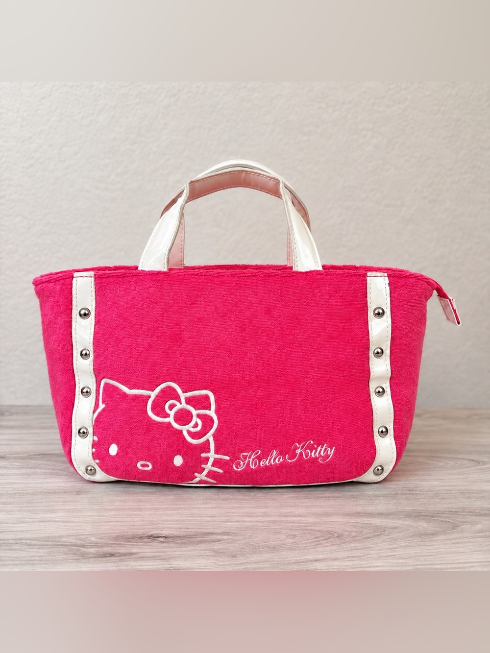 2007 Sanrio Hello Kitty Pink White Terry Cloth Handbag Y2K Studded Purse Kawaii